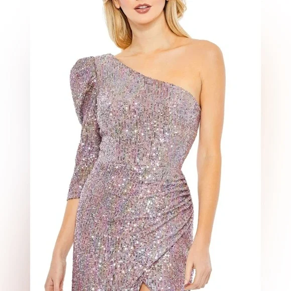 NEW Ienna for Macduggal SEQUINED ONE SHOULDER FAUX WRAP DRESS mauve multicolor